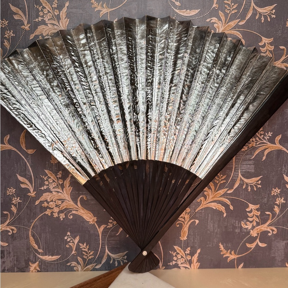 Vintage Japanese Silver Lacquered Folding Fan with Paper Bamboo